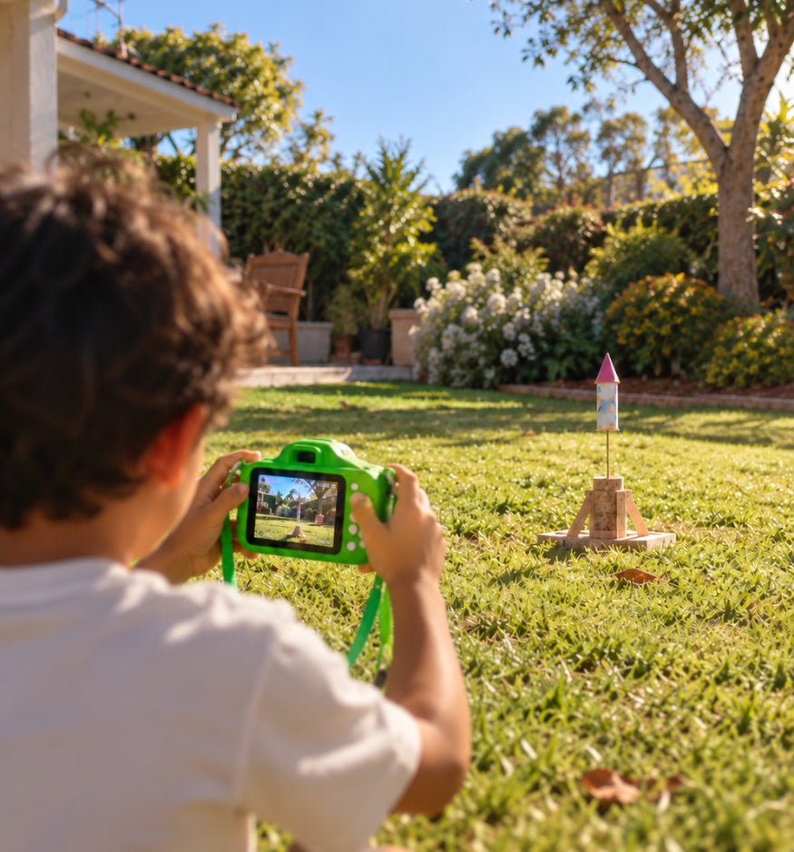 Child filming his homemade toy rocket in the garden with the Klikko Spike camera