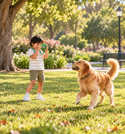 Boy taking a photo of his golden retriever in the park with a Klikko Spike camera
