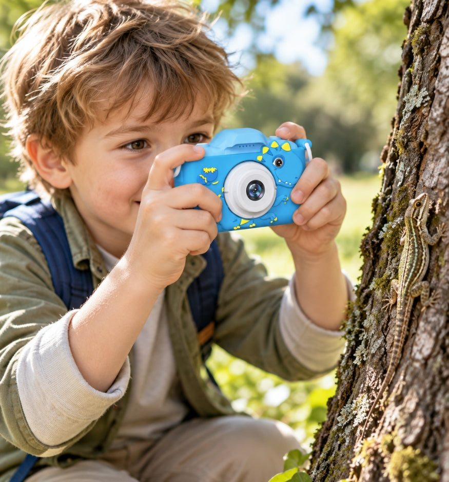 Boy taking a photo of a lizard on a tree with his Klikko Rex camera