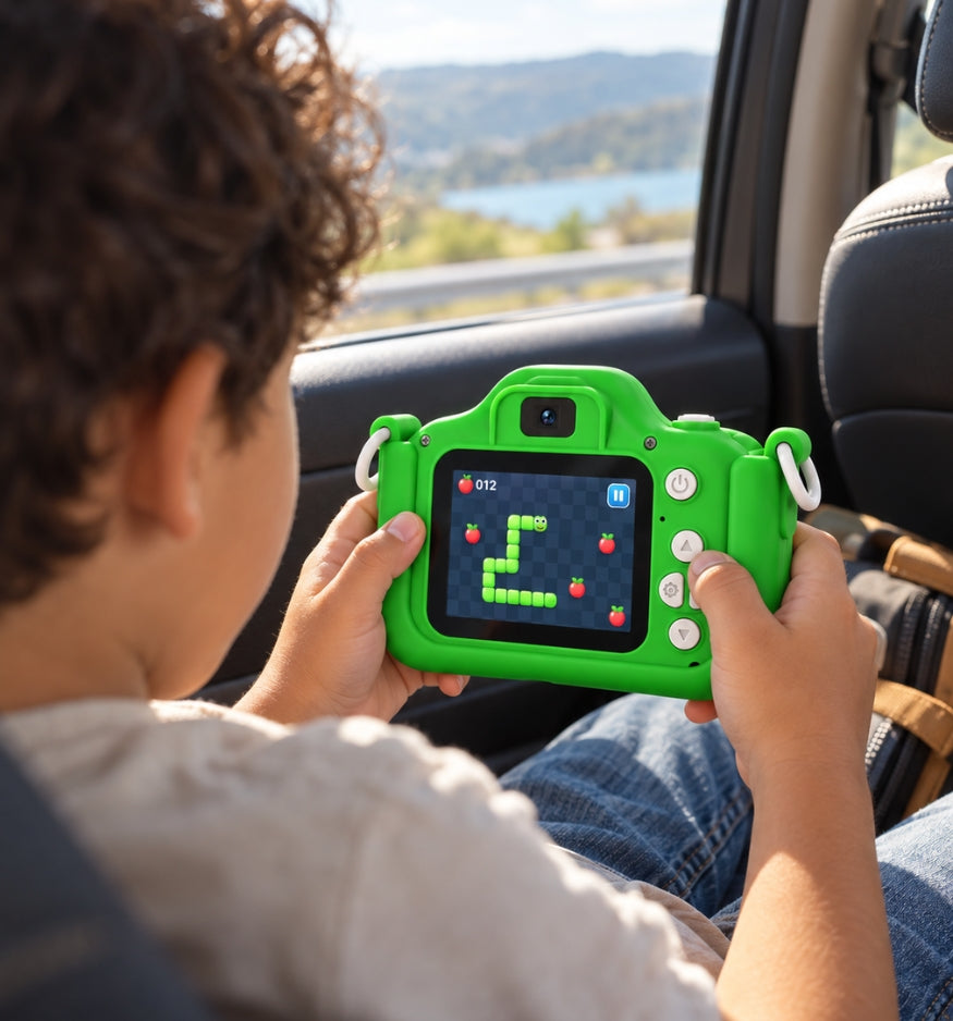 Boy playing a built-in game on the Klikko Spike camera during a car trip