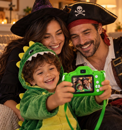Boy in a dinosaur costume taking a family selfie with his Klikko Spike camera