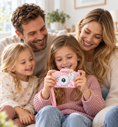 Family smiling together while looking at photos on a child's Klikko camera