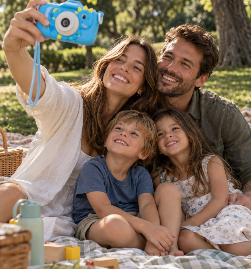 Family taking a selfie at a picnic with the Klikko Rex kids camera