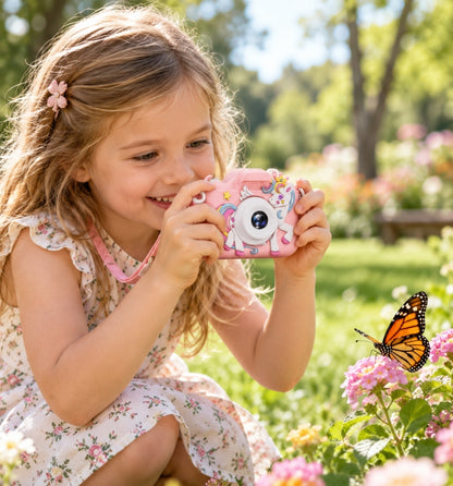 Girl taking a photo of a butterfly in the garden with her Klikko camera