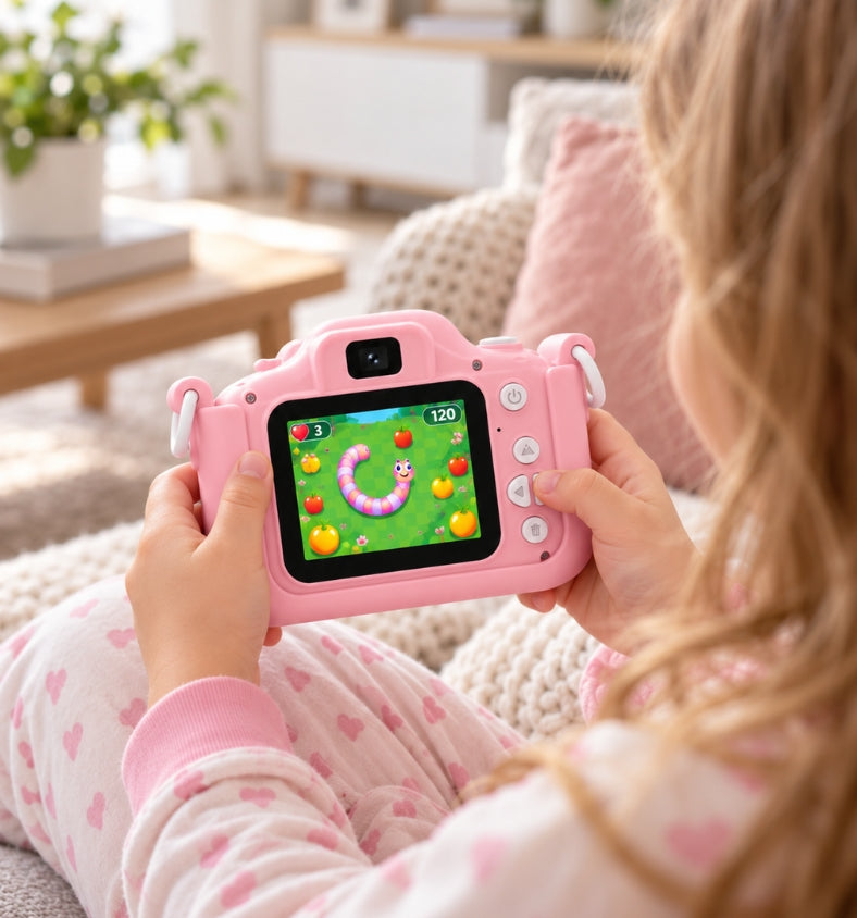 Girl playing a built-in game on the Klikko Stella kids camera at home