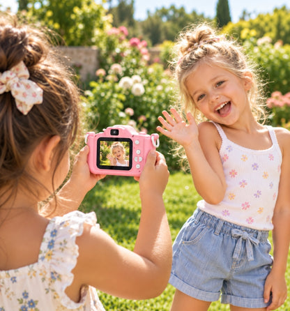 Child taking a photo of her smiling sister outdoors with the Klikko camera