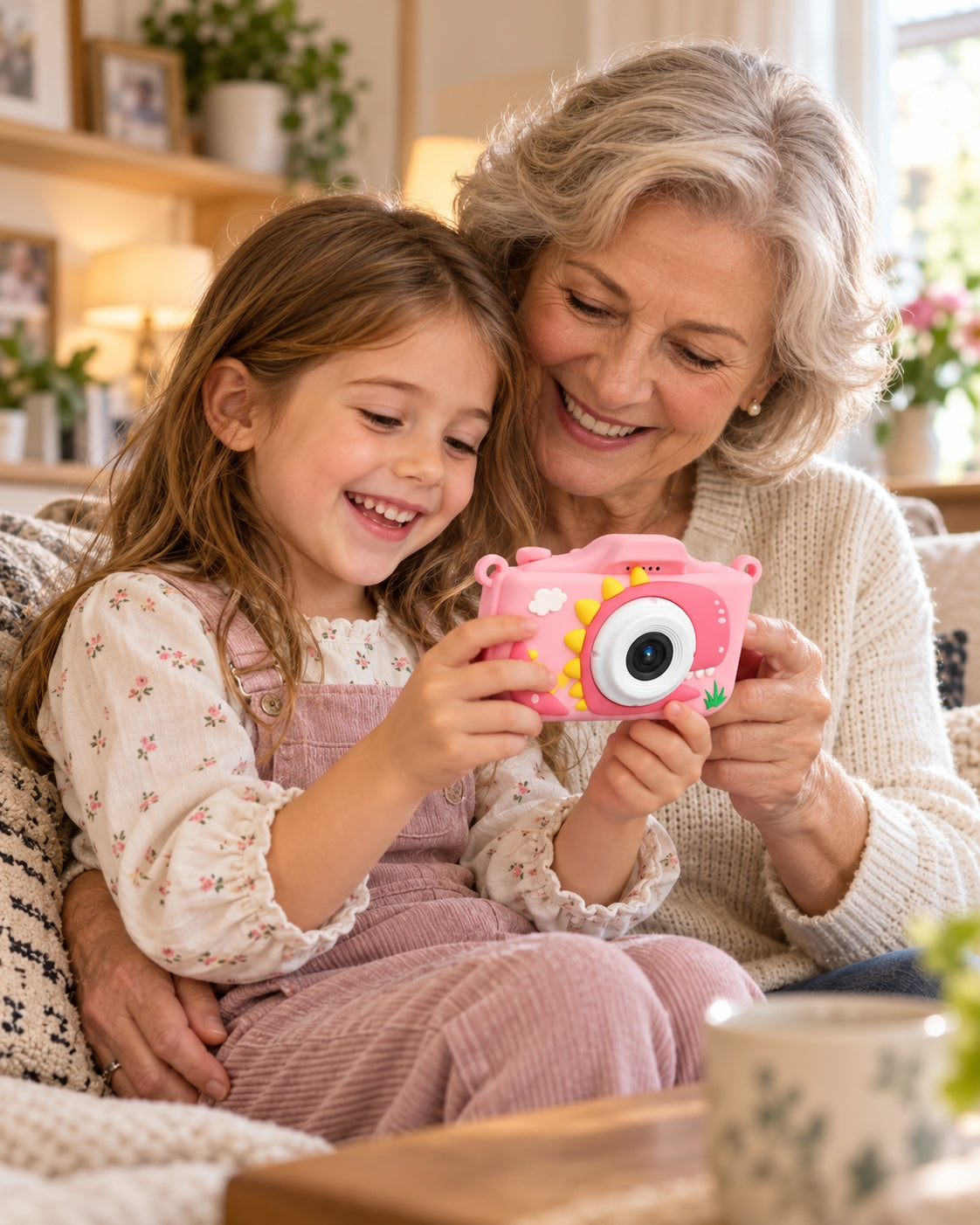 Girl and her grandmother smiling together while looking at photos on a Klikko kids camera