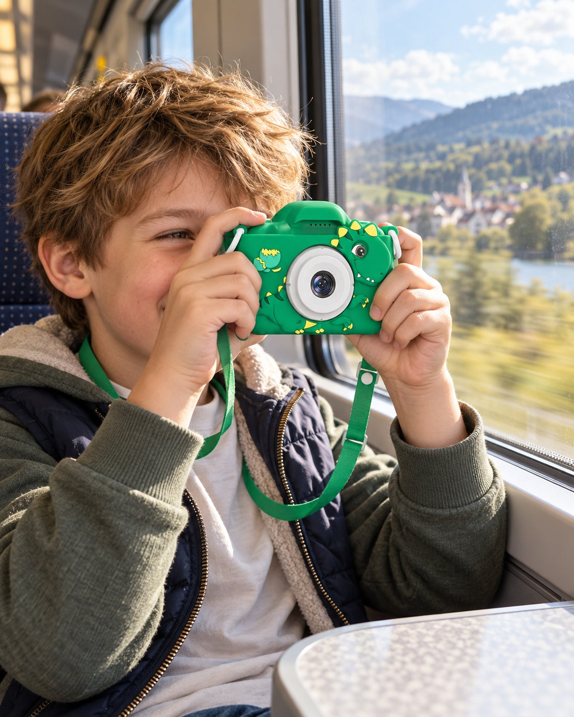Boy taking photos of the countryside from a train window with his green dinosaur Klikko camera