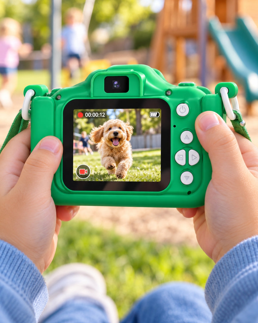 Un bambino che riprende il proprio cane con una fotocamera Klikko