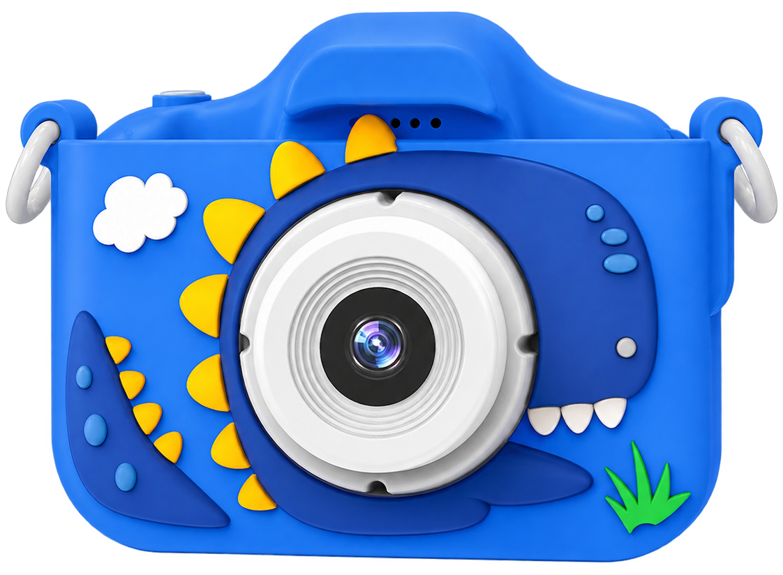 Blue dinosaur Klikko kids camera with soft silicone case, big lens and lanyard loops