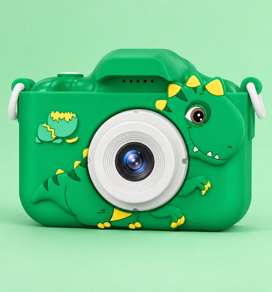 Klikko Rex Green dinosaur kids camera, front view with soft silicone case