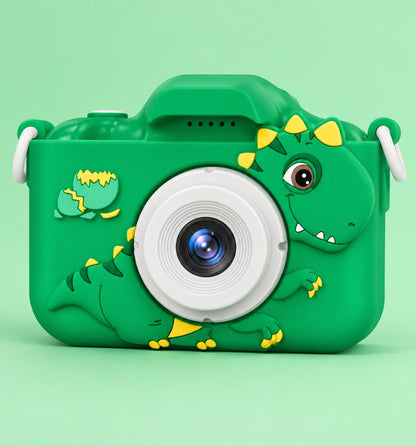 Klikko Rex Green dinosaur kids camera, front view with soft silicone case