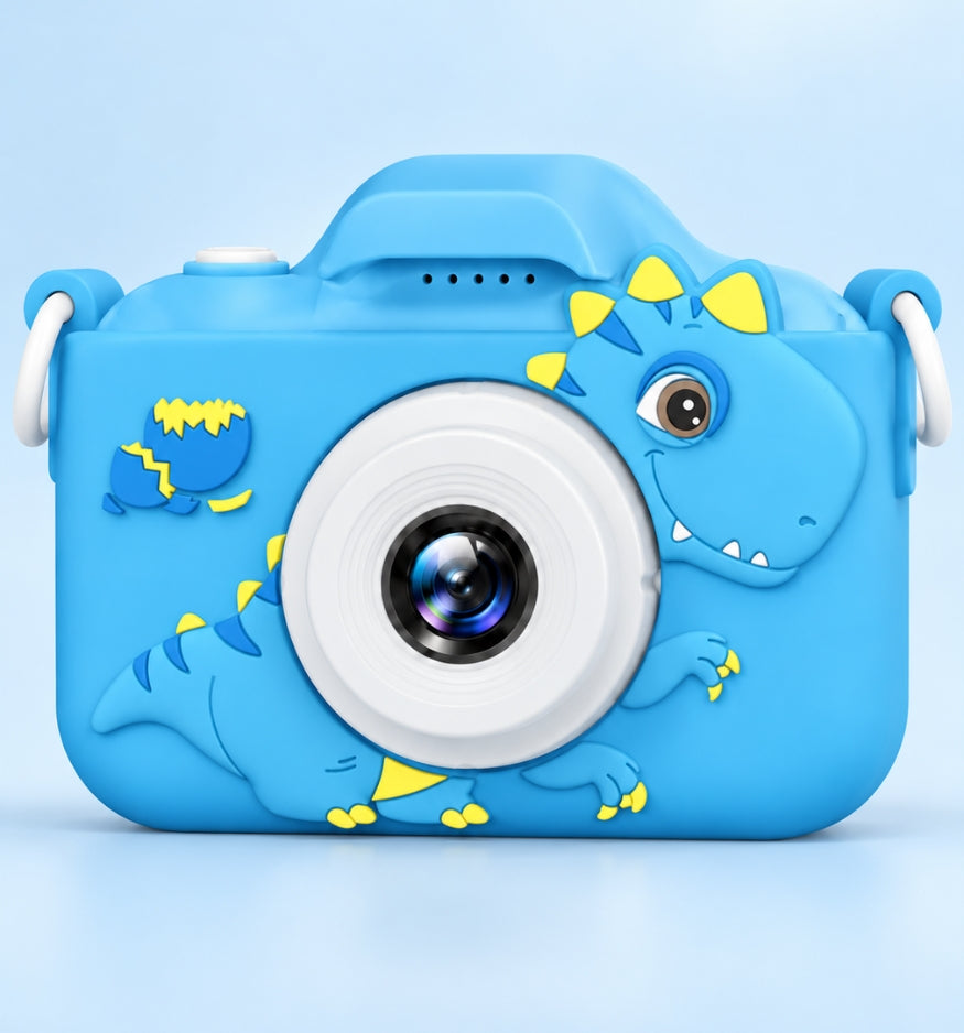 Klikko Rex blue dinosaur kids camera, front view with soft silicone case