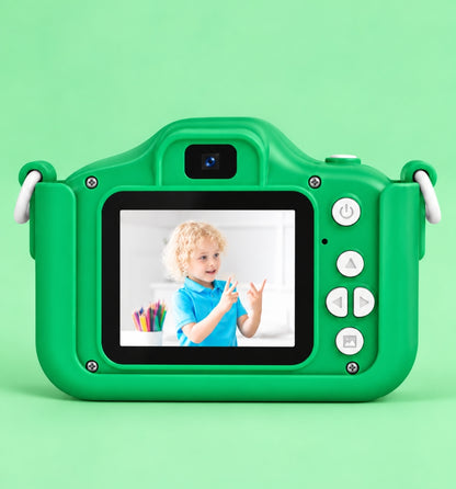 Back of the Klikko Green Rex camera showing a 2-inch screen and easy buttons