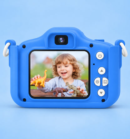 Back of the Klikko Blue Spike camera showing a 2-inch screen and easy buttons