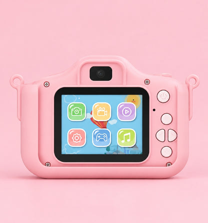 Back of the Klikko Pink Spike camera showing a 2-inch screen and easy buttons
