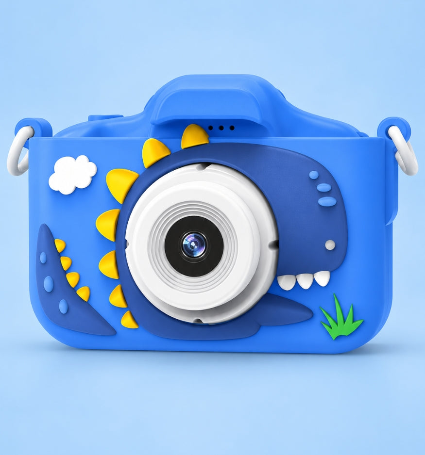 Klikko Spike Blue dinosaur kids camera, front view with soft silicone case