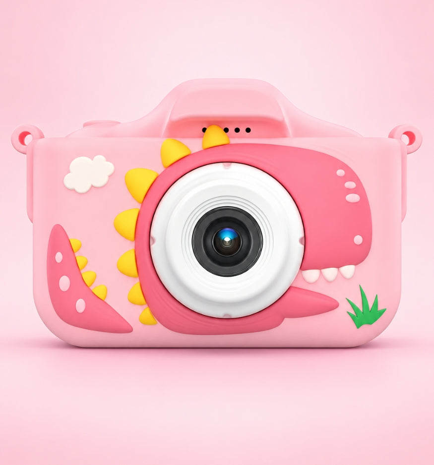 Klikko Spike Pink dinosaur kids camera, front view with soft silicone case