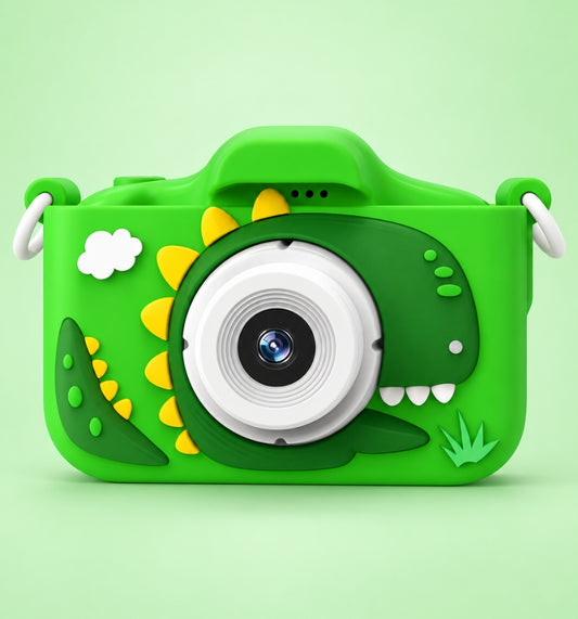 Klikko Spike dinosaur kids camera, front view with soft silicone case