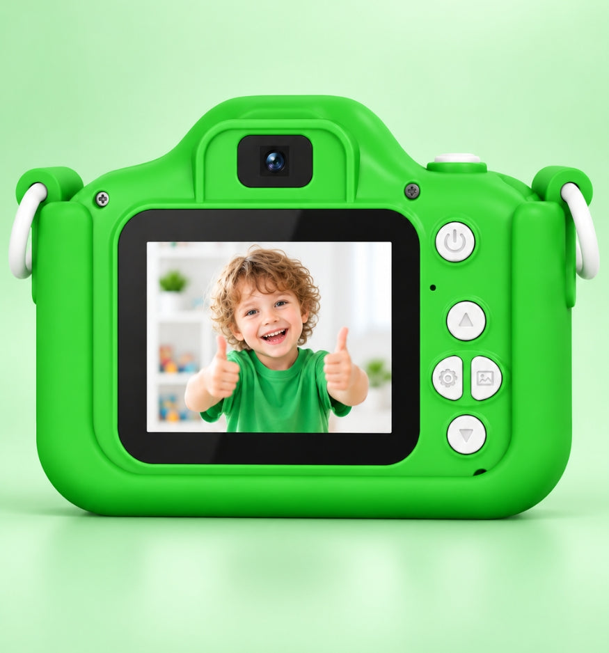 Back of the Klikko Spike camera showing a 2-inch screen and easy buttons