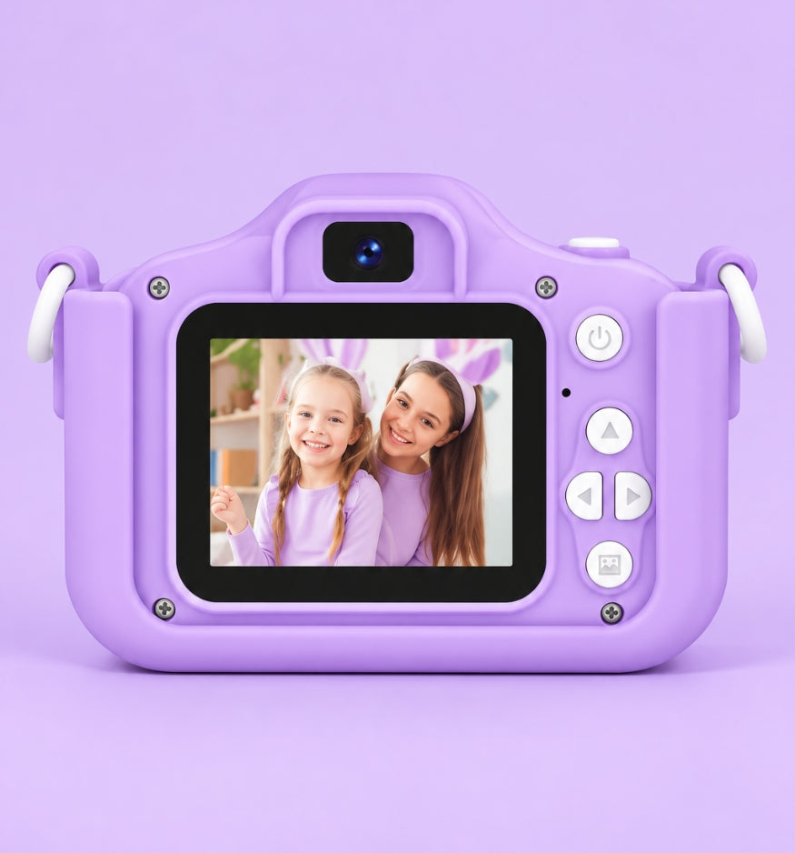 Back of the Klikko Stella camera showing a 2-inch screen and easy buttons
