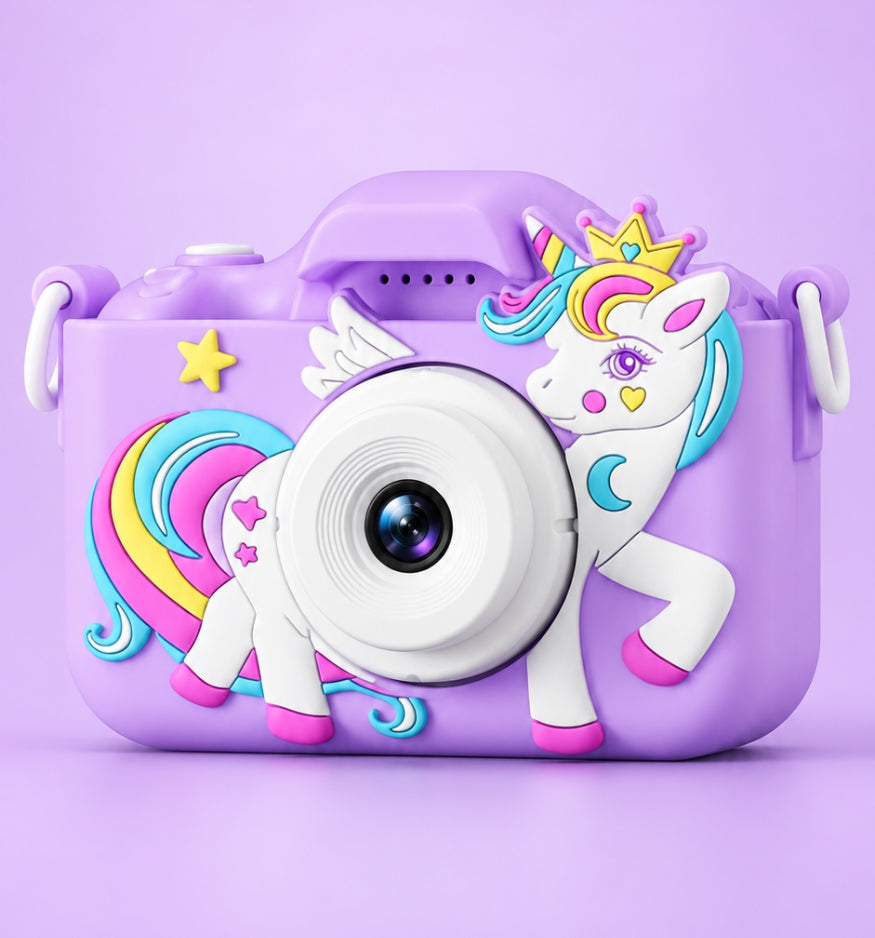 Klikko Stella purple unicorn kids camera, front view with soft silicone case