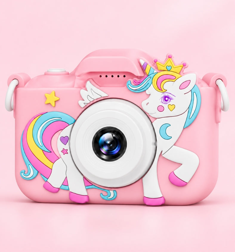 Klikko Stella pink unicorn kids camera, front view with soft silicone case