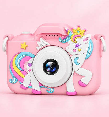 Klikko Stella pink unicorn kids camera, front view with soft silicone case