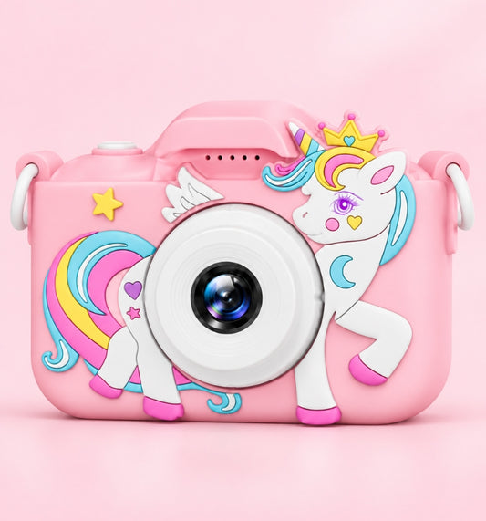 Klikko Stella pink unicorn kids camera, front view with soft silicone case